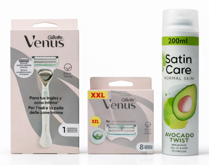 Venus Satin Care Bikini Станок 1 (Ручка+1 картридж)+Satin Care Bikini змінні картриджі (8 шт)+Satin Care Гель для гоління Avocado 200 мл