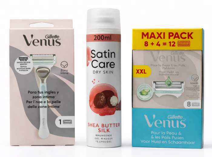 Venus Satin Care Bikini Станок 1 (Ручка+1 картридж)+Satin Care Bikini змінні картриджі (Box 12 шт)+Satin Care Гель для гоління Shea Butter 200 мл