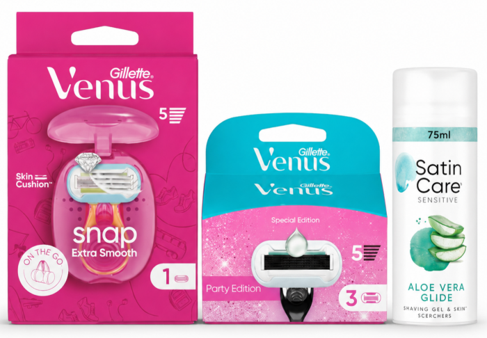 Venus Snap Станок 1 картридж+футляр+Venus Deluxe Party Edition (3шт) змінні картриджі+Satin Care Aloe Гель для гоління 75 мл