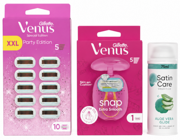 Venus Snap Станок 1 картридж+футляр+Venus Deluxe Party Edition Box (10шт) змінні картриджі+Satin Care Aloe Гель для гоління 75 мл