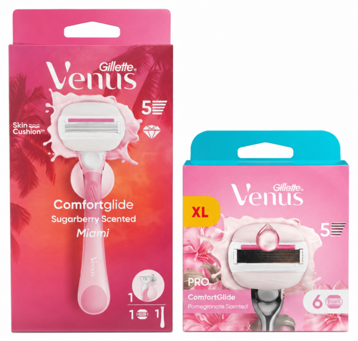 Venus Olay Miami Станок 1 картридж+тримач+Venus Olay Pomegranate (6шт) Змінні картриджі